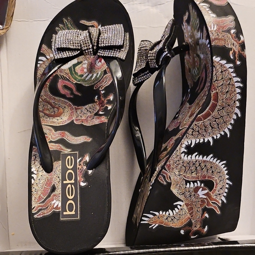 Bebe Black Sandals with Gold Dragon Design